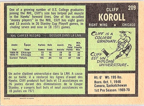 CLIFF KOROLL - 1971-72 OPC - # 209 - ¡EXCELENTE/NUEVO! - Imagen 2 de 2