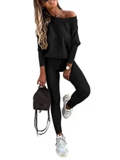 CHICME 2 Piece Lounge Outfit 2025 Long Sleeve Knit Pullover Tops Drawstring P...