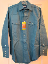 WRANGLER COWBOY CUT Pearl Snap Mens Shirt Medium Blue Cotton Twill NEW NWT