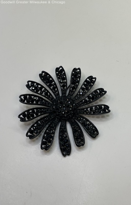 Vintage Gunmetal Rhinestone Enamel Mod Flower Brooch 26g