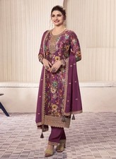 Ethnic Look Chinon Silk Stylish Wine Salwar Kameez With Dupatta For Women/Girls