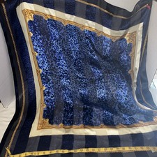 Vintage Womens 36  Square 100 Silk Scarf Dark Blue w/ Gold Knot Border