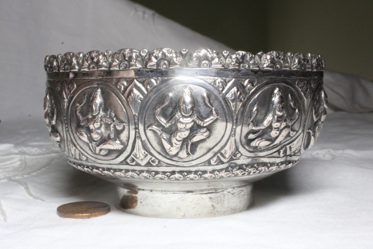 Antique Silver Repousse Burma, Sri Lanka? Hindu Buddhist Dancers Offering Bowl