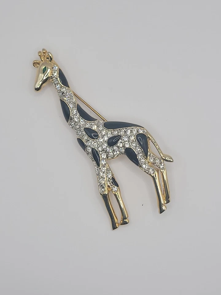 Broche Vintage Jirafa Animal Negro Blanco Cristal Tono Dorado Joyería Disfraz Foto 3 de 4