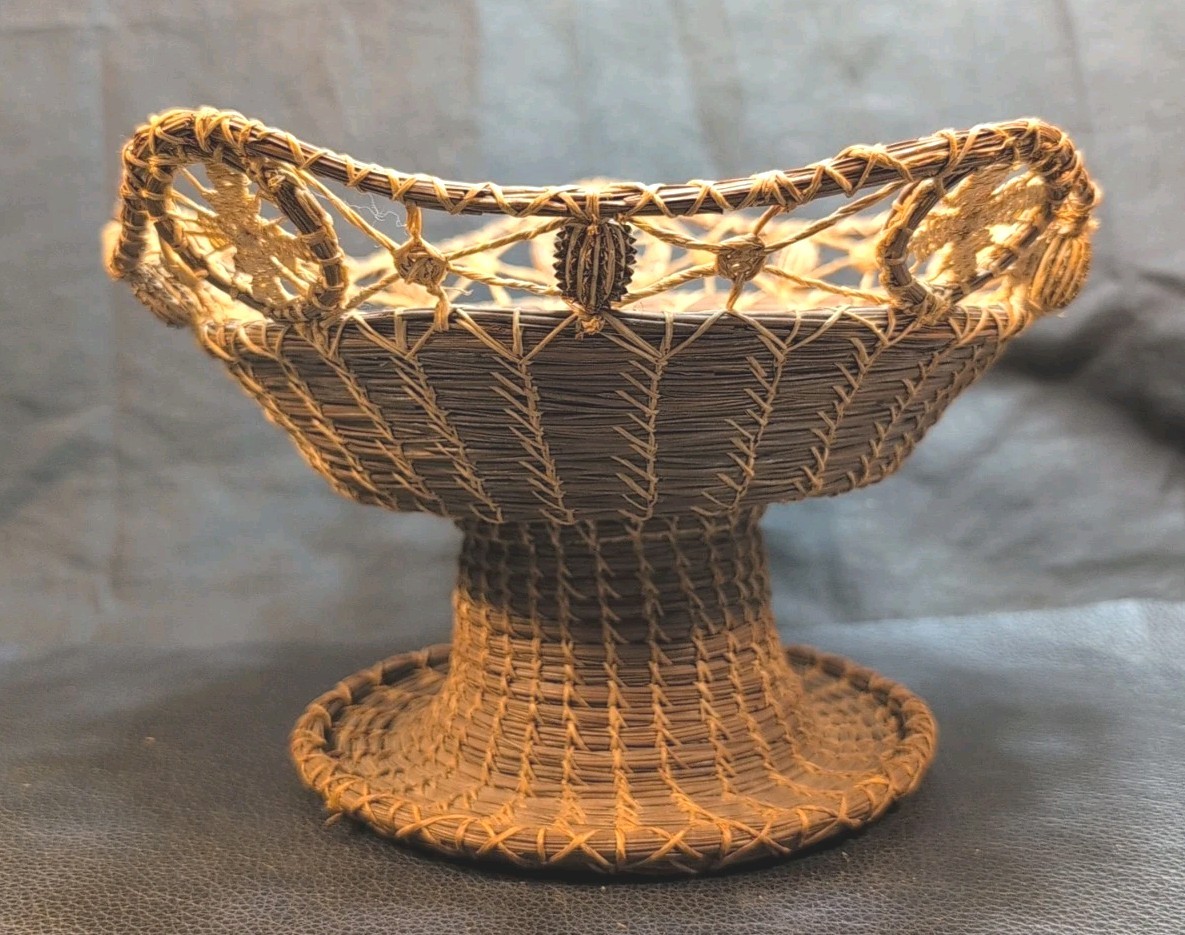 Antique American Pine Needle Basket Compote-Hand Tied- Seed Pod Accents Large 
