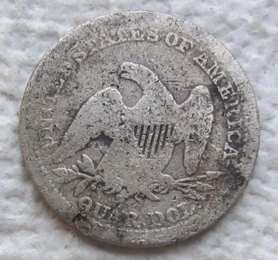 Серебряная монета номиналом 25 центов 1857-S с изображением сидящей Свободы редкая ключевая дата поврежденный наполнитель Сан-Франциско - Изображение 2 из 4