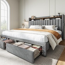 King Size Bed Frame with 2 Drawers & 2-Tier Storage Headboard Shelf