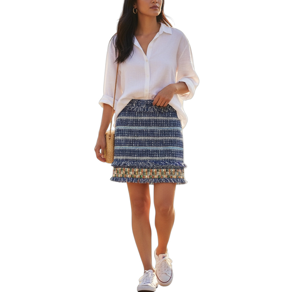 Tory Burch Normandy Blue Nora Skirt Women's 2 Tweed Fringe Artsy Boho Luxury 