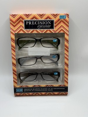 Precision Eyewear +1.50 Premium Reading Glasses 3 Pair Green Grey Black