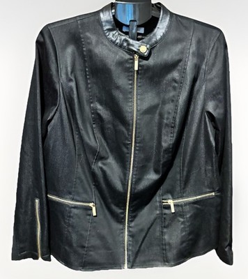 Calvin Klein Womans 1X Black Full Gold Zip Fabric Motorcycle Jacket Stretch