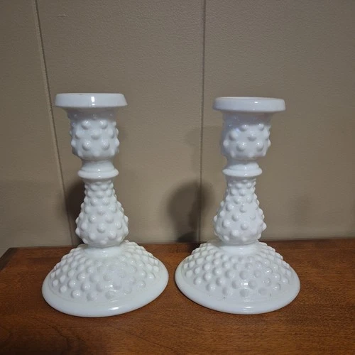 Fenton White Milk Glass Hobnail 6" Candlesticks Pair Vtg Candleholders Set Of 2