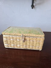 Vintage Woven Wicker Sewing Basket 2 Round Handles Floral Pattern Lined Inside