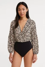 NWOT! SHEIN Black & White Floral Long Bishop Sleeved Surplice Bodysuit Sz L