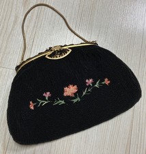 Antique handmade Micro glass beaded mosaic brass flower Purse clutch hand bag