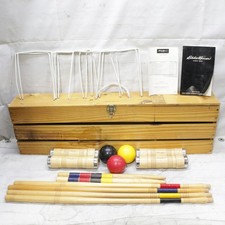 Eddie Bauer Wood Croquet Set in Pine Wood Box Case 4 Person Missing One Ball