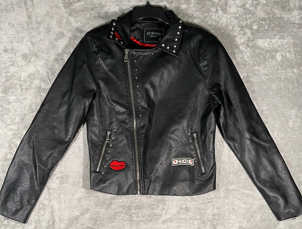 CI Sono Embroidered Studded Vegan Leather Motorcycle Jacket Black Womens Sz M