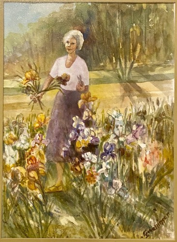 Vintage Emily Schellinger Impressionist Portrait Painting Flower Garden 21.5”H - Picture 3 of 8