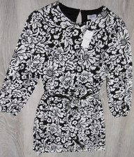 Tahari ASL Women's 14 Faux Drape Dress Black-White Floral LS Twist Neck Lined