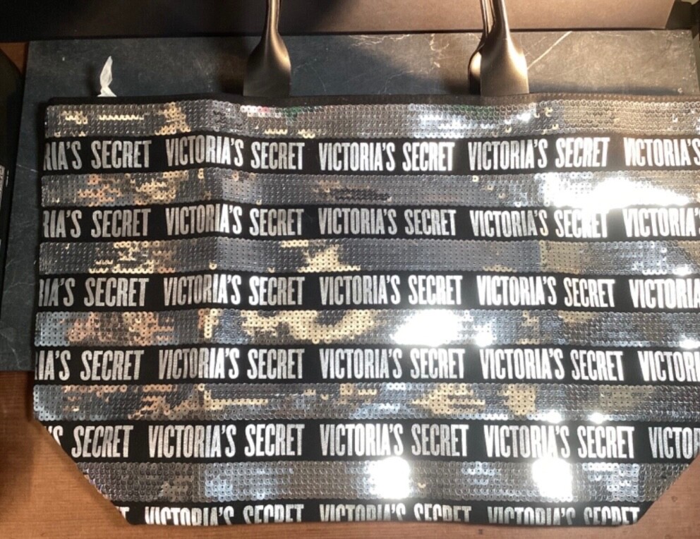 Victorias Secret Weekender Sequin Bling Black and Silver Tote Bag Wristlet Combo