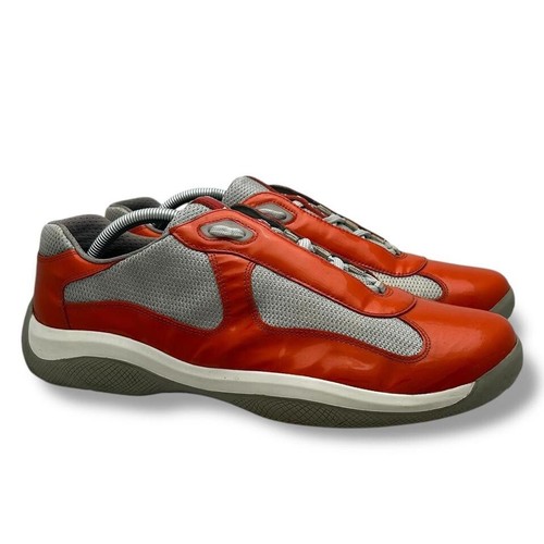 Scarpe Prada America’s Cup in pelle verniciata arancione/grigio con sacchetto antipolvere - Foto 3 di 8