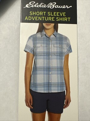 NEW Eddie Bauer Shirt Womens Blue Plaid Adventurer Shirt Button Up Dry