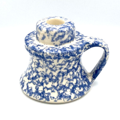 Vtg Art Pottery Blue & White Sponge Ware Candle Stick Holder Farmhouse