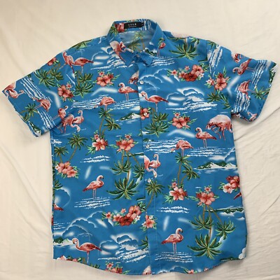 SSLR Floral Hawaiian Button Down Shirt Sz L Palm Trees Flamingos Aloha Cruise 