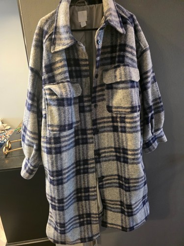 H&M WOMENS PLAID BLUE PRE-OWNED LONG OVERSIZED SHACKET SIZE XXL - Picture 2 of 9