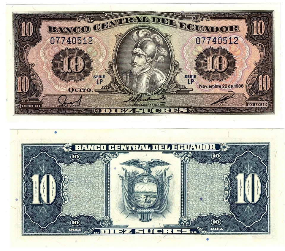 1988 Ecuador 10 Sucres Banknote UNC P121 Serie LP - Bild 1 von 1