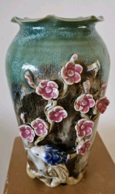 Antique Ceramic Barbotine Vase with Flowers and Bird 9''