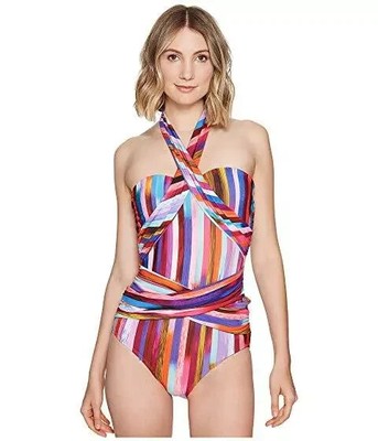 NWT Athena Women's Kaleidostripe Ashlyn Crossover Neck Swimsuit XS Stripes  