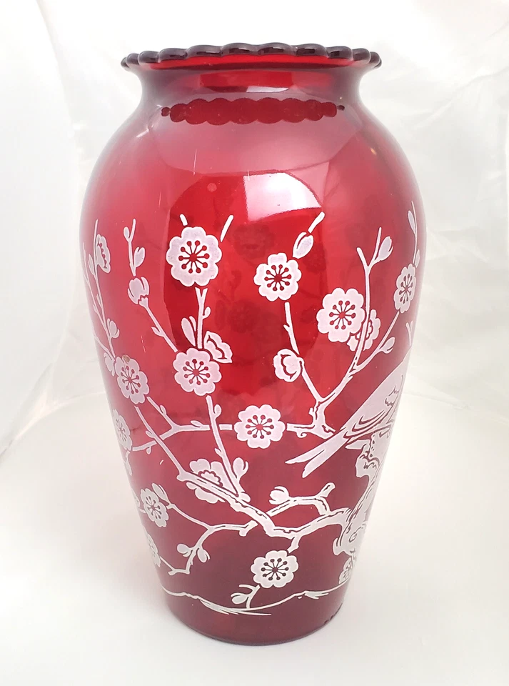 Vintage Anchor Hocking Ruby Red Vase with White birds on Blossom Branch Motif 9" - Image 4 of 4