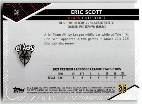 2022 Topps Premier Lacrosse League - Eric Scott #23 (RC) - Picture 2 of 2