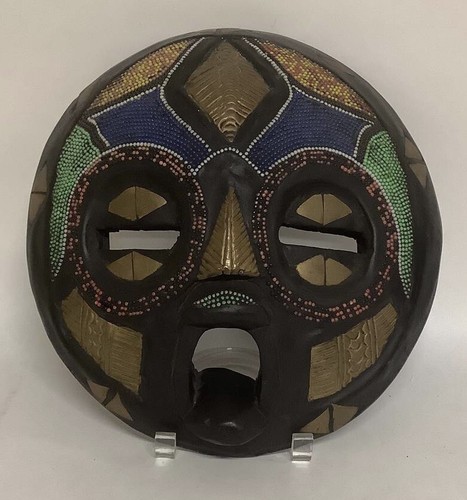 Ghana African Hand Carved Tribal Mask With Metal Detailing - Picture 2 of 5