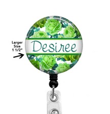 Nurse RN BSN LVN Personalized Badge Reel ID Holder With Green Roses, 657L