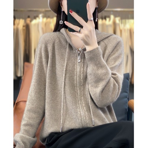 Women's Hooded Cardigan Loose Cashmere Sweater Women's Wool Coat Korean Knitwear - Picture 6 of 30