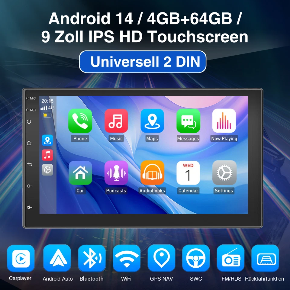 9 Zoll Android 14 Apple Carplay 64G Autoradio GPS Navigation 2DIN BT Wifi Kamera - Bild 2 von 4
