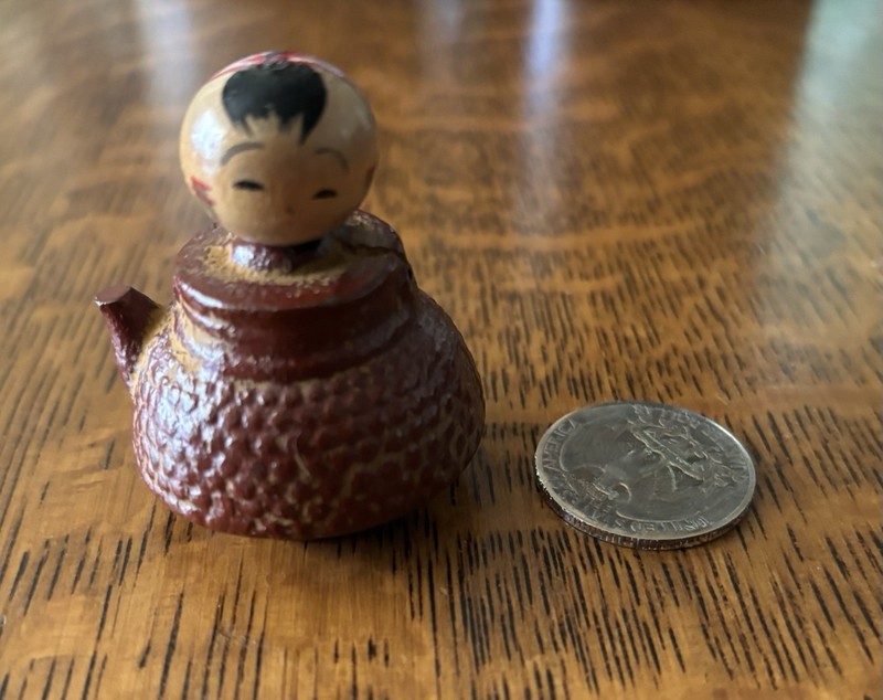 Vtg Lida's Japan Sm Brown Metal? Kokeshi Japanese Wooden Bobble Head Doll TEAPOT