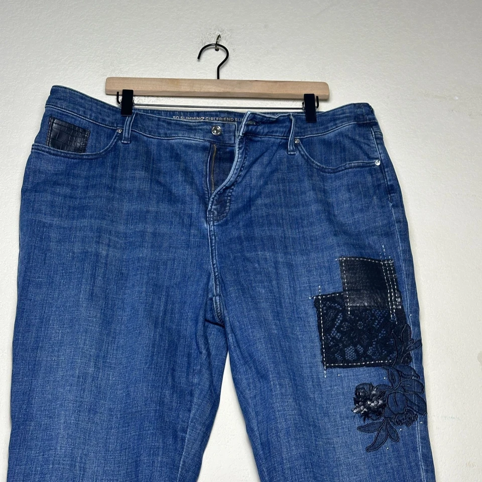 Chico Slimming Girlfriend Blue Patched Black Floral Leather Lining Jean Women 18 - Image 3 of 4
