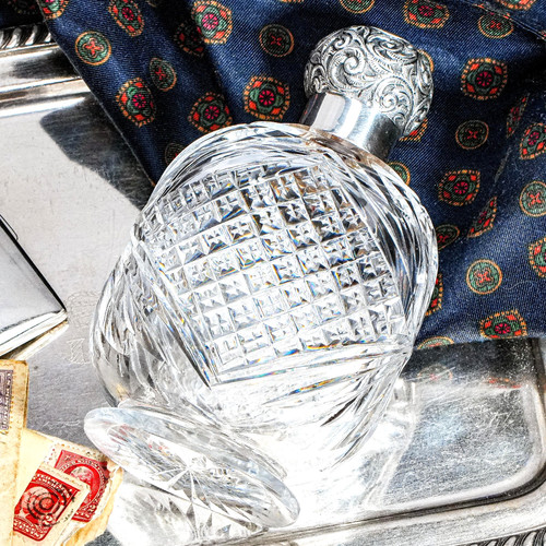 Stunning Edwardian Antique Cut Crystal Perfume Cologne Bottle Sterling Silver