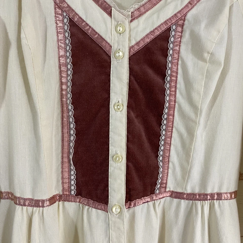 Vtg 70s Gunne Sax Long Prairie Dress Size 5 Ivory /Pink Lace & Ribbon Details - Image 4 of 4