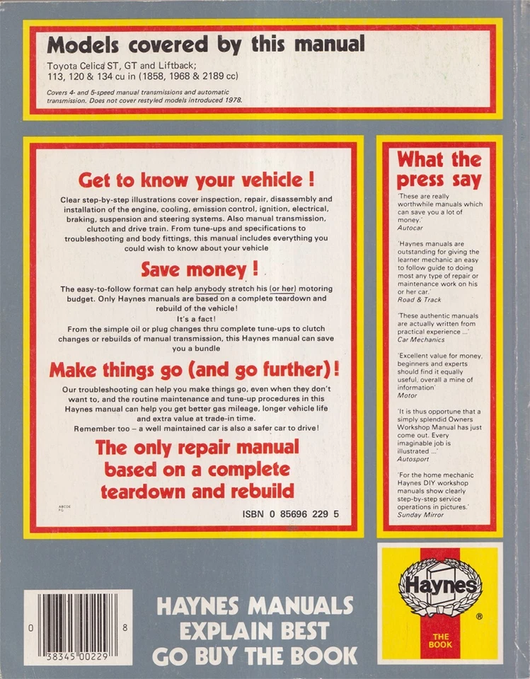 Toyota Celica Haynes 1971-1978 manual de taller taller taller libro de servicio Foto 2 de 4