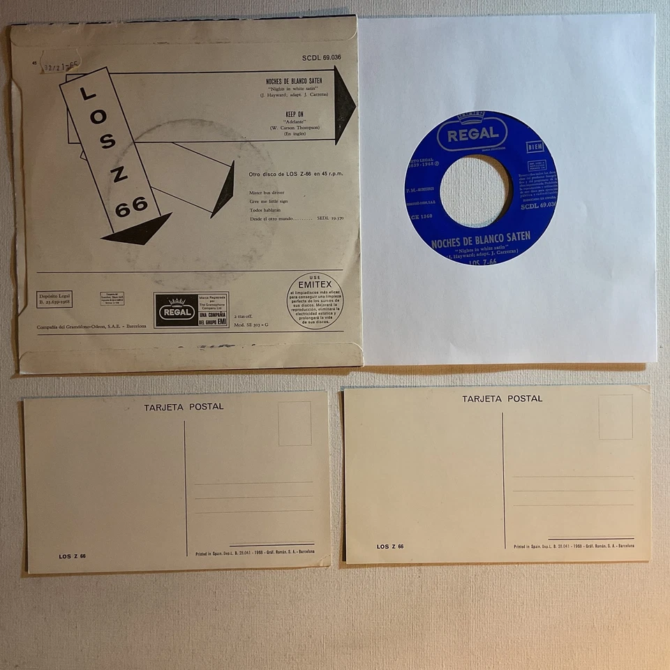 LOS Z-66 Noches De Blanco Saten Ex 1968 Spain Psych P/S 7" With 2 Vintage Cards - Image 2 of 2