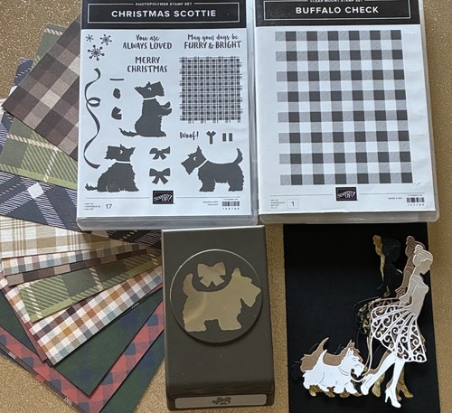 Stampin' Up! WEIHNACHTEN SCOTTIE Briefmarken XL HUND Stanze BÜFFEL KARIERT BONUSSCHLEIFE DSP