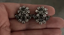 Rhinestone Clip On Earrings, Sparkly Flower Design, Very Good Condition