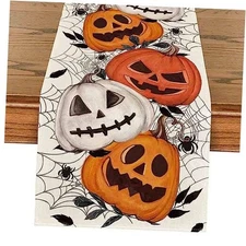  Pumpkins Spider Web Halloween Table Runner, 13" x 72", Table Runner Beige