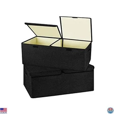 Stylish 2-Pack Black Linen Storage Bins - Large, Collapsible, Washable with Lid
