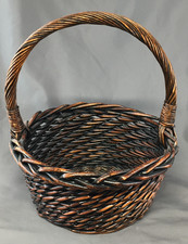 Vintage Large Woven Dark Wood Willow Basket with Handle 9 1/2" Diameter