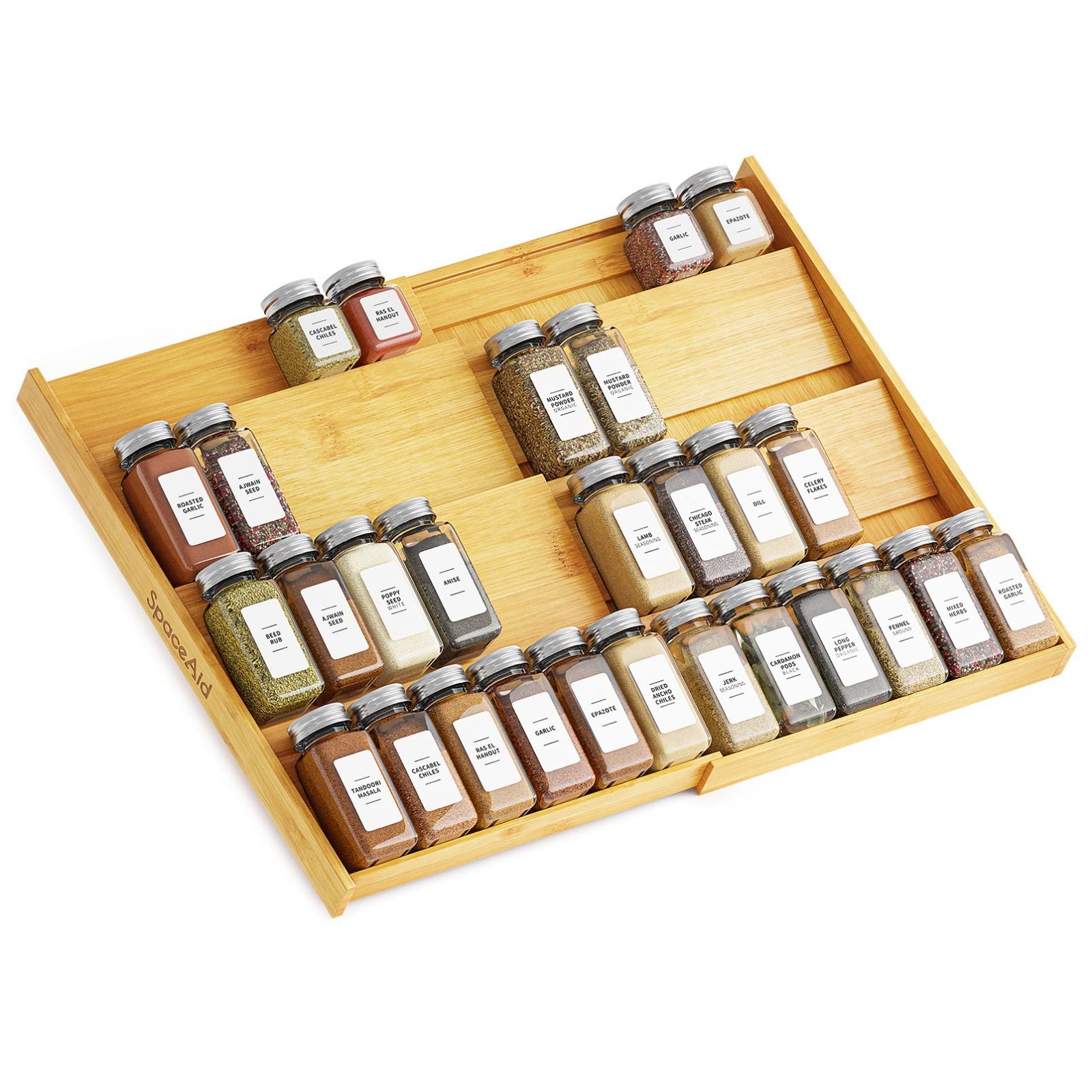 Expandable Bamboo Spice Drawer Organizer - 4 Tier Kitchen Seasoning Rack, Fits 3