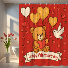 Cute Valentine  s Day Bear Shower Curtain with Heart Balloons